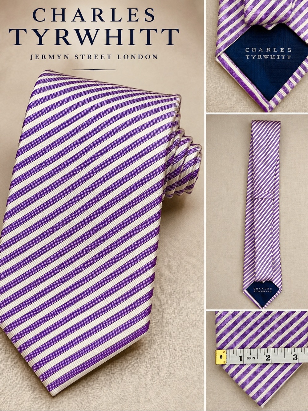 Charles Tyrwhitt Purple & White Striped Silk Tie Classic Designer Necktie